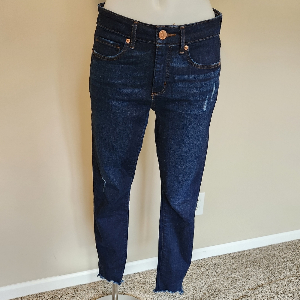 LOFT curvy skinny dark wash with destroyed hem - Picture 1 of 8